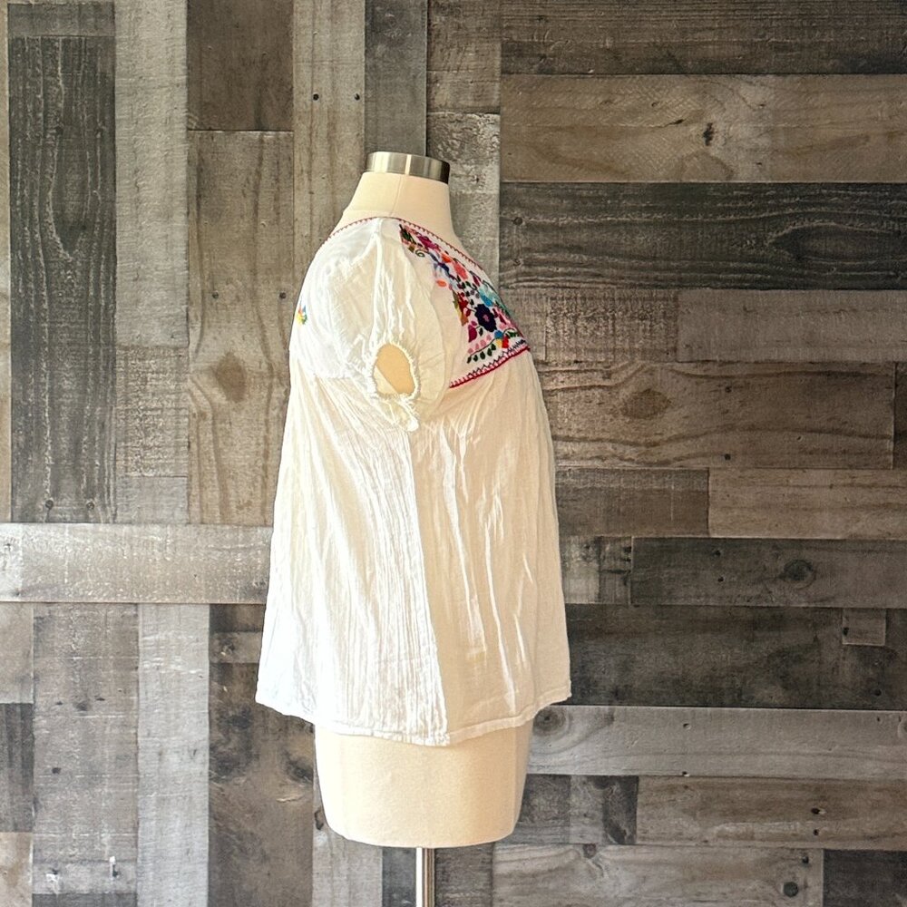 White puff sleeves feista top medium rainbow floral embroidery festival party - Picture 8 of 10